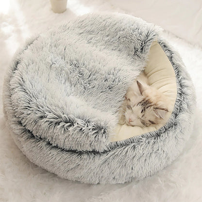 Cat Bed Round - Plush - Fluffy Hooded Cat Bed Cave