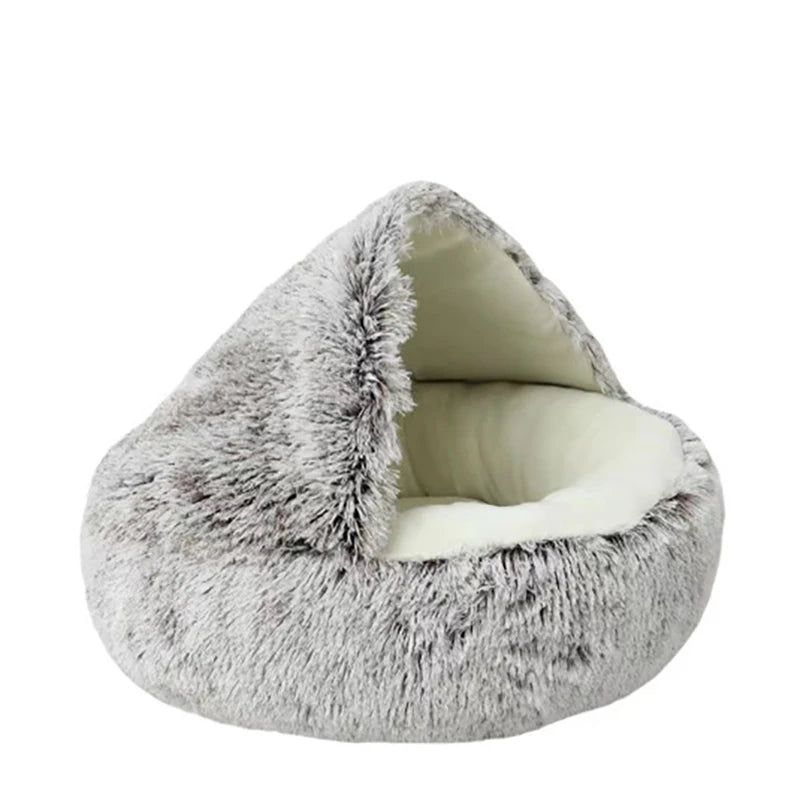 Cat Bed Round - Plush - Fluffy Hooded Cat Bed Cave