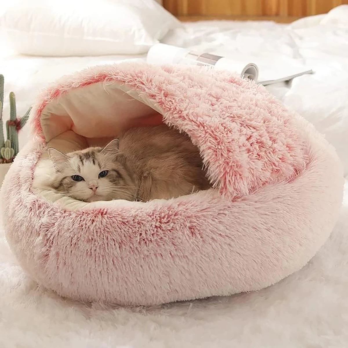 Cat Bed Round - Plush - Fluffy Hooded Cat Bed Cave