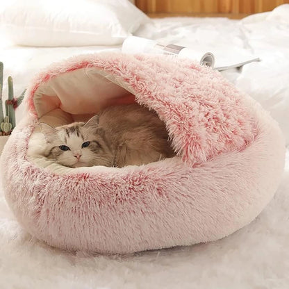 Cat Bed Round - Plush - Fluffy Hooded Cat Bed Cave