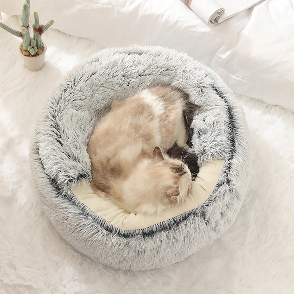 Cat Bed Round - Plush - Fluffy Hooded Cat Bed Cave