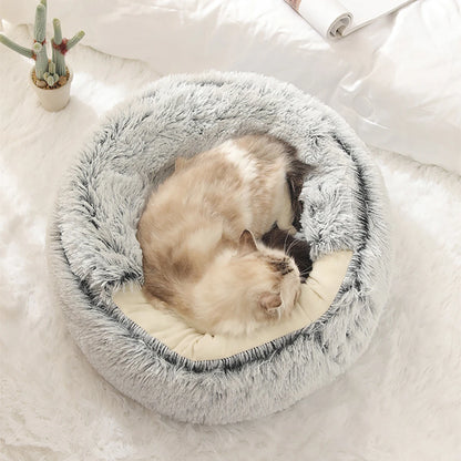 Cat Bed Round - Plush - Fluffy Hooded Cat Bed Cave