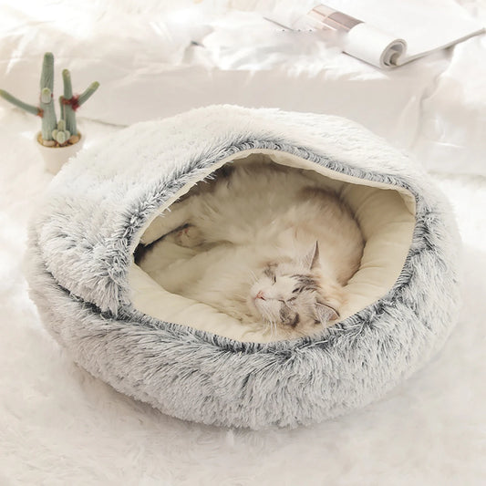 Cat Bed Round - Plush - Fluffy Hooded Cat Bed Cave