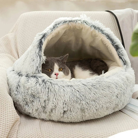 Cat Bed Round - Plush - Fluffy Hooded Cat Bed Cave